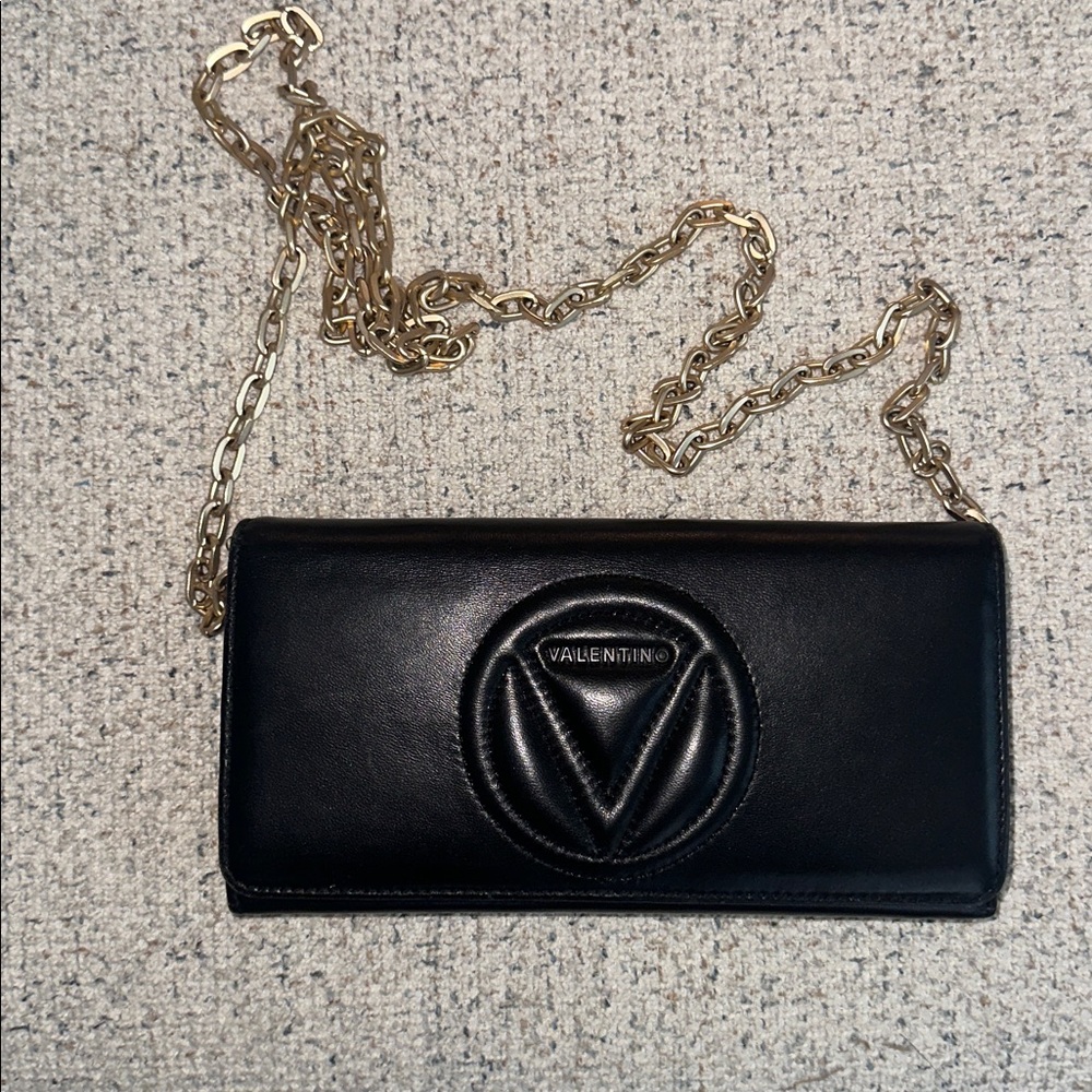 Valentino Black Leather wallet Clutch with Gold Chain